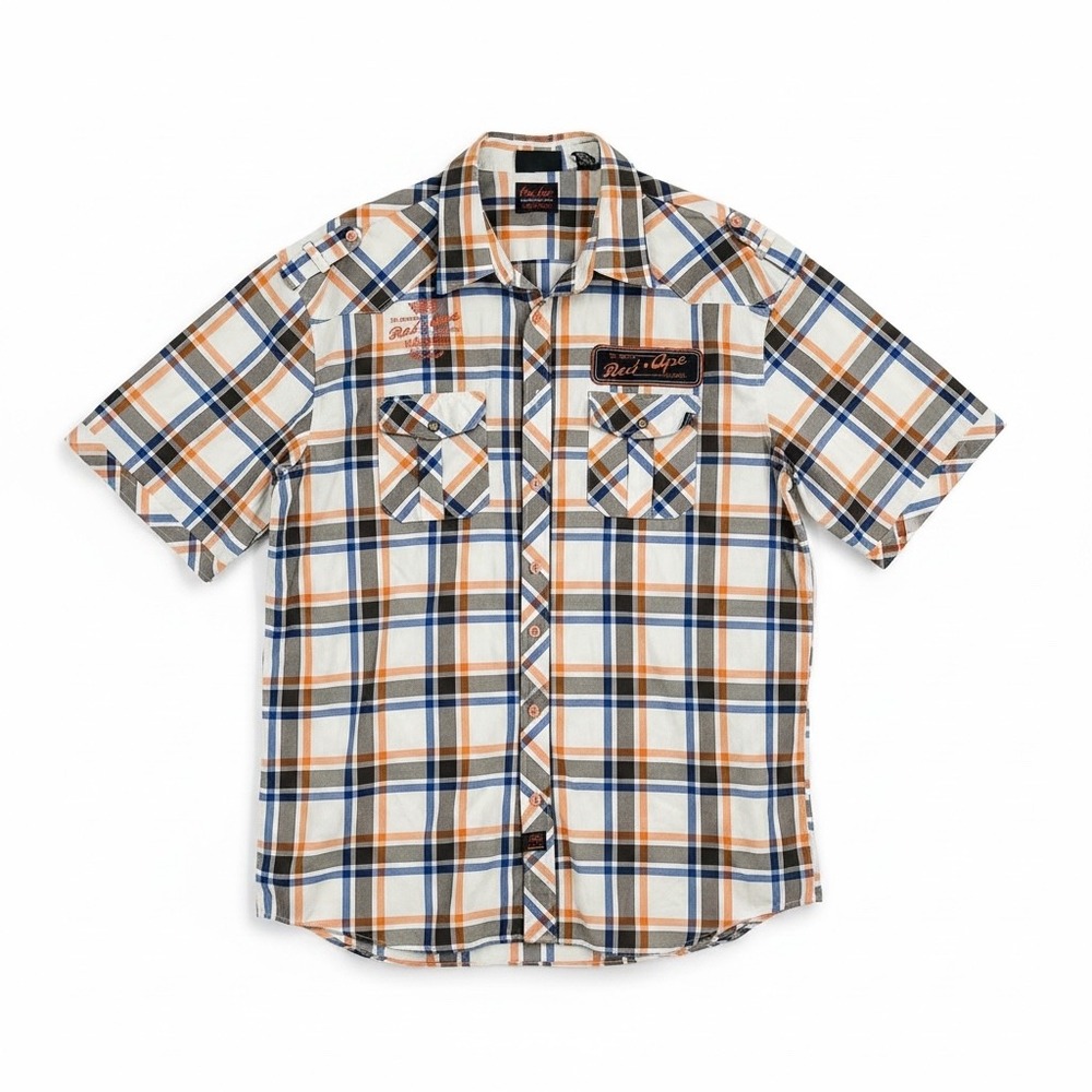 Red Ape Mens Short Sleeve Plaid Button Up Shirt Orange Blue White 3X
